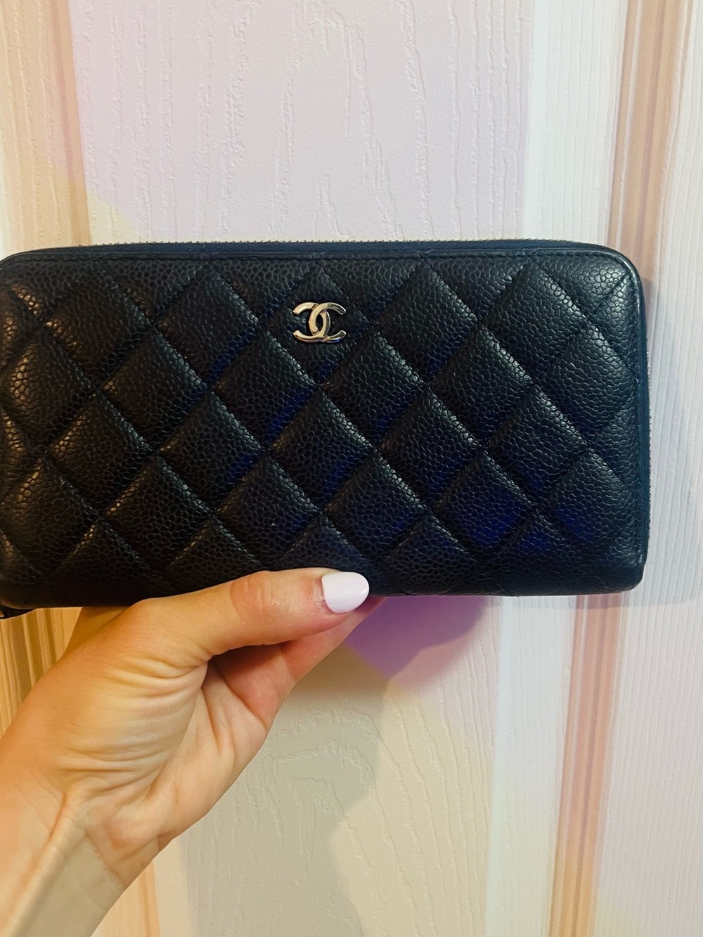 CHANEL Navy Quilted Caviar Leather Zip Wallet with Silver CC
